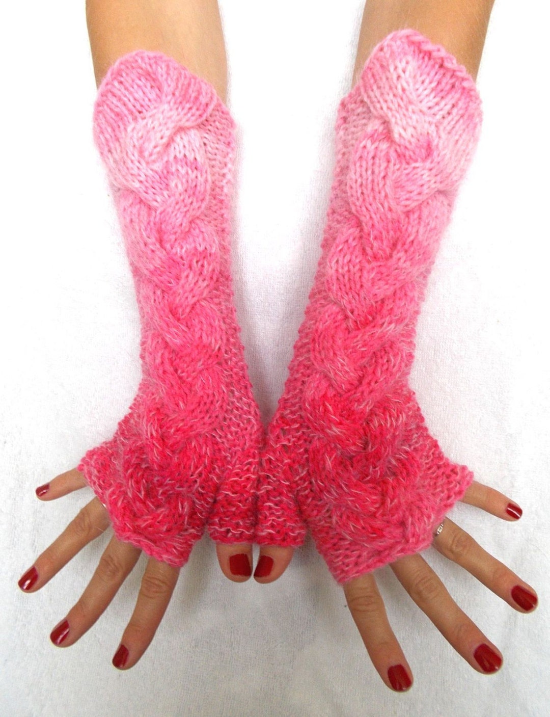 Fingerless Gloves Pink Shades Cabled Hand Knitted Warm Arm Warmers Etsy