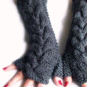 Fingerless Gloves/ Arm Warmers Grey Cabled, Extra Long and Soft