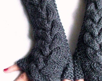 Grey Fingerless Gloves Wrist Warmers, Cabled, Extra Long and Soft, Grey