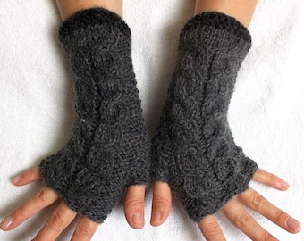 Fingerless Gloves Cabled Warm Wrist Warmers Grey  Dark Charcoal Fingerless Arm Warmers Women Winter Accessory