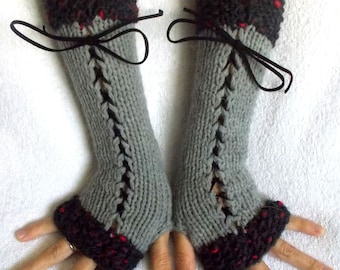 Guantes sin dedos para mujer, calentadores de brazos de corsé gris con cintas de gamuza, estilo victoriano, tejidos a mano.