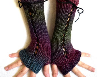 Fingerless Gloves Knit  Green Purple Violet Blue Shades Long Corset  Arm Warmers Variegated for Women Victorian Style Acrylic