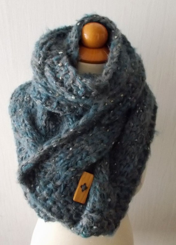 Chunky Scarf Cabled Blue Grey Cowl Hand Knitted Winter | Etsy