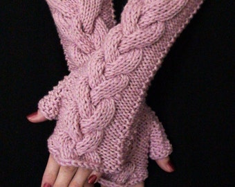 Fingerless Gloves/ Wrist Warmers Pale Pink Cabled , Soft and Long