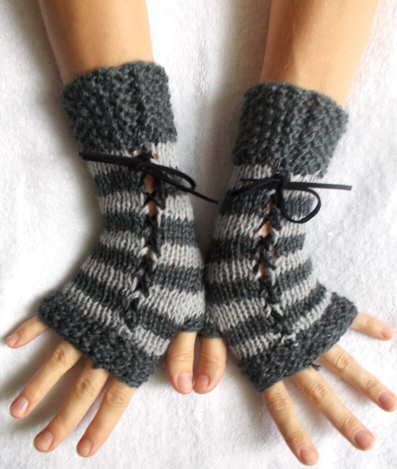 Knit Fingerless Corset Gloves Striped Grey Wrist Warmers With Etsy