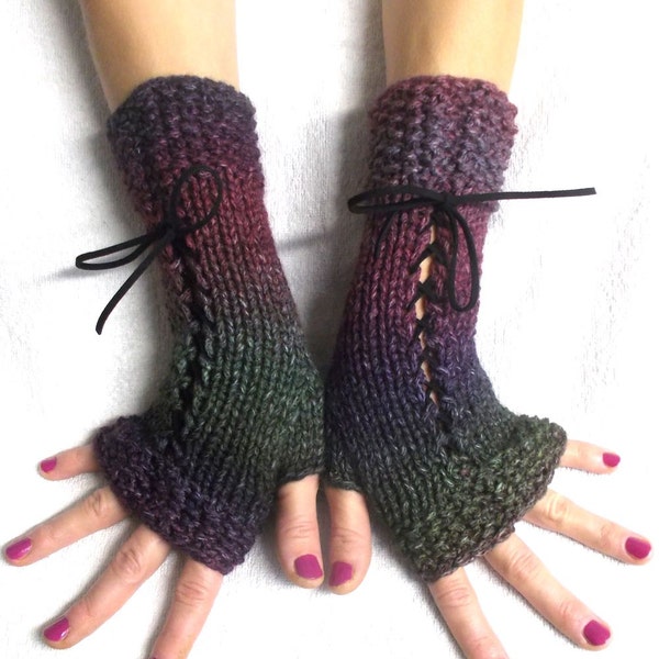 Gants sans doigts en tricot vert violet violet bleu nuances corset chauffe-poignets panaché pour femmes style victorien acrylique