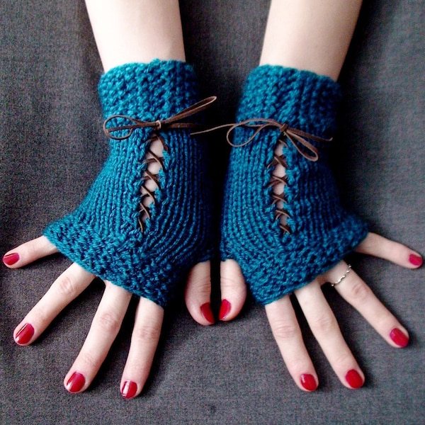 Fingerless Gloves Corset Wrist Warmers Handknit in Dark Ocean Blue/ Teal Victorian Style