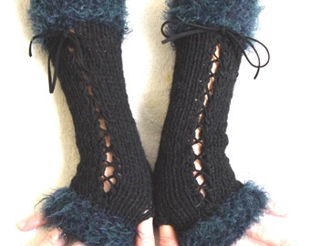 Long Black Fingerless Corset Gloves Arm Warmerswith Suede Ribbons  and Teal Faux Fur Victorian Style Women Accessory Christmas Gift for her