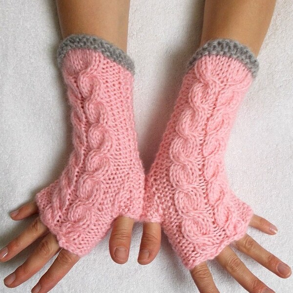 Women Fingerless Gloves Cabled  Warm  Wrist Warmers Light Pink Grey Fingerless  Mittens