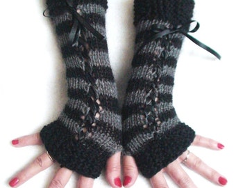 Fingerless Gloves Corset Wrist Warmers Striped in Black and Grey with Satin Ribbons Victorian Style