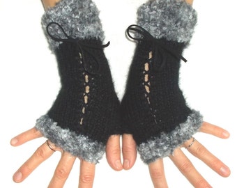 Fingerless Gloves Black Handknit Corset  Mitts with Grey Angora Mohair Wool Winter Accessory Women Victorian Style