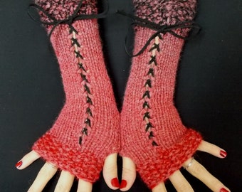 Fingerless Gloves Corset Wrist Warmers in Red Grey Shades with Black Suede Ribbons Victorian Style