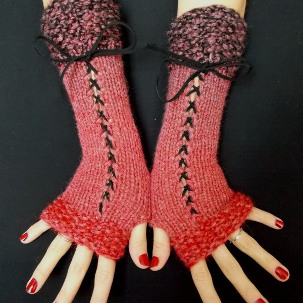 Fingerless Gloves Corset Wrist Warmers in Red Grey Shades with Black Suede Ribbons Victorian Style