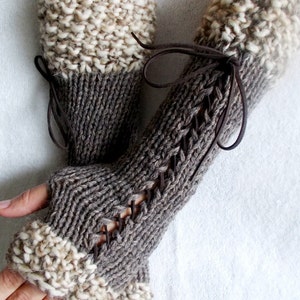 Knit Fingerless Gloves Long Wrist Warmers Taupe/ Brown Corset with Suede Ribbons Victorian Style image 2