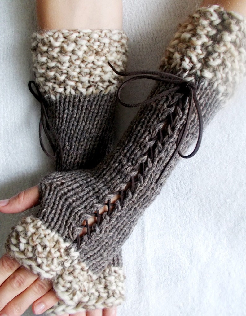 Knit Fingerless Gloves Long Wrist Warmers Taupe/ Brown Corset with Suede Ribbons Victorian Style image 2