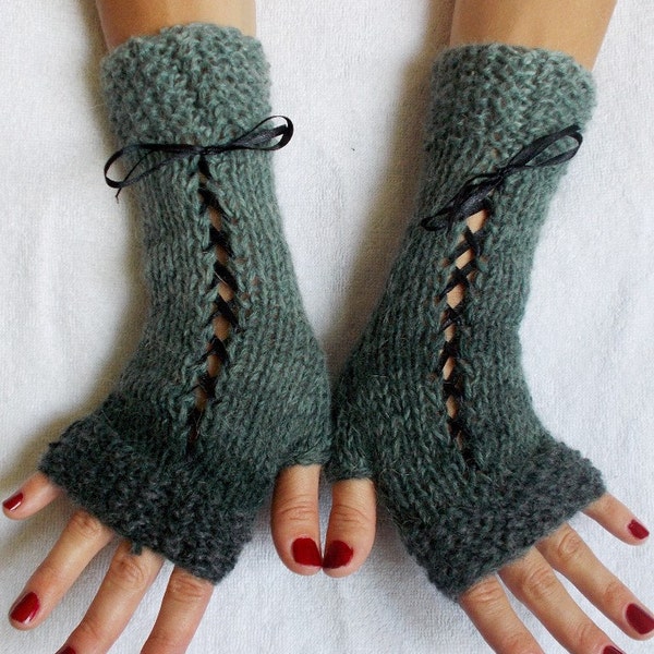 Knit  Fingerless Gloves Grey Shades Corset  Wrist Warmers with Satin Ribbons for Women Victorian Style