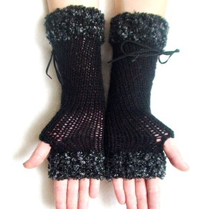 Fingerless Gloves Corset Wrist Warmers in Black with Suede Ribbons and Dark Grey Boucle Edges Victorian Style image 5