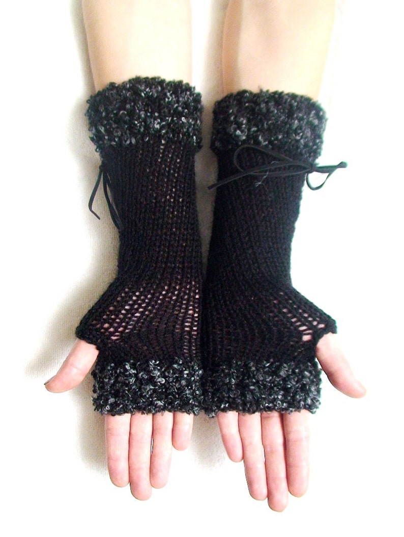 Fingerless Gloves Corset Wrist Warmers in Black with Suede Ribbons and Dark Grey Boucle Edges Victorian Style image 5