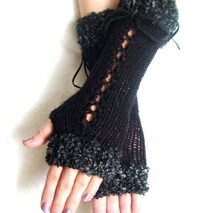 Fingerless Gloves Corset Wrist Warmers in Black with Suede Ribbons and Dark Grey Boucle Edges Victorian Style image 2