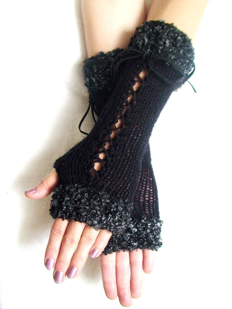 Fingerless Gloves Corset Wrist Warmers in Black with Suede Ribbons and Dark Grey Boucle Edges Victorian Style image 2