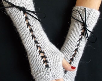 Fingerless Gloves Silver grey Grey Long Hand Knitted Corset Gloves with Black Suede Ribbons Victorian Style