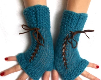 Fingerlose Handschuhe Korsett Pulswärmer Handgestrickt in Türkis Blau viktorianischen Stil