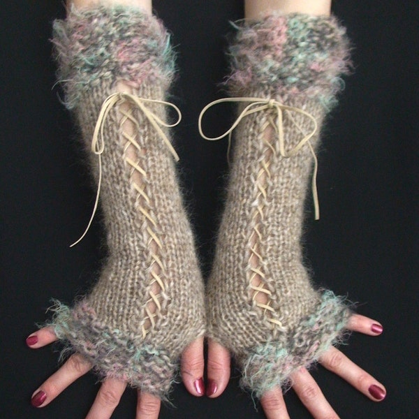 Fingerless Gloves Long Corset Arm Warmers Light Brown with Pink Green Trims