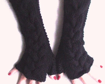 Black Fingerless Gloves / Wrist Warmers Cabled Acrylic Extra Long and Soft