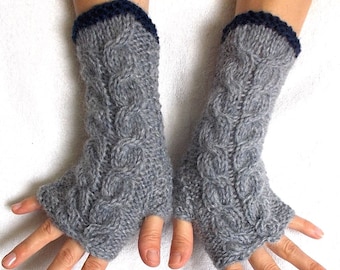Fingerless Gloves Cabled Warm Wrist Warmers Grey Navy Fingerless Mittens Women Winter Accessory