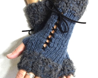 Popular Right Now Fingerless Gloves Corset  Wrist Warmers Blue Grey Women Gift for her Autumn Winter Fashion
