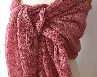Linen Shawl Natural Wrap Red Salmon Pink Knitted Summer Scarf for Women