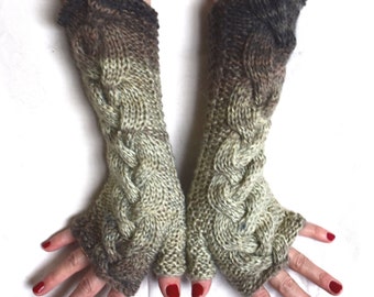 Cabled Fingerless Gloves Brown Beige Shades Arm Warmers Warm Soft Handknit Women Winter Accessory