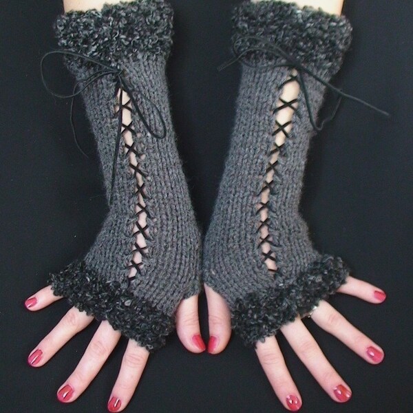 Christmas Gift for Her Fingerless Gloves Long  Corset  Wrist Warmers in Dark Grey with Suede Ribbons and Grey Boucle Edges Victorian Style