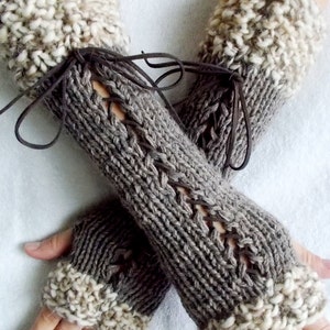 Knit Fingerless Gloves Long Wrist Warmers Taupe/ Brown Corset with Suede Ribbons Victorian Style image 4