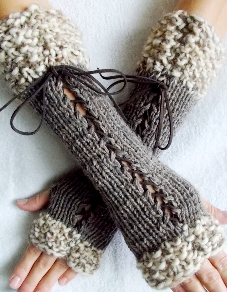 Knit Fingerless Gloves Long Wrist Warmers Taupe/ Brown Corset with Suede Ribbons Victorian Style image 4