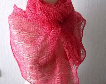 Linen Scarf Lace Shawl Knitted Natural Summer Wrap in Rose Pink