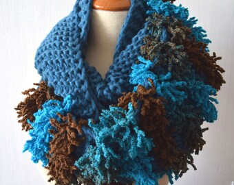 Popular right now Handknitted  Chunky Scarf Cowl  in Turquoise Brown Teal Variagated  for Men Women Soft Warm