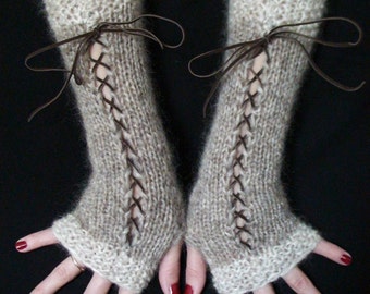 Fingerless Gloves Long Corset Arm Warmers Natural Beige and Light Brown/ Taupe  with Suede Ribbons Victorian Style