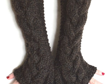 Popular right now Coffee Brown Fingerless Gloves  Cabled Arm Warmers Thick Chunky  Long Gift for her