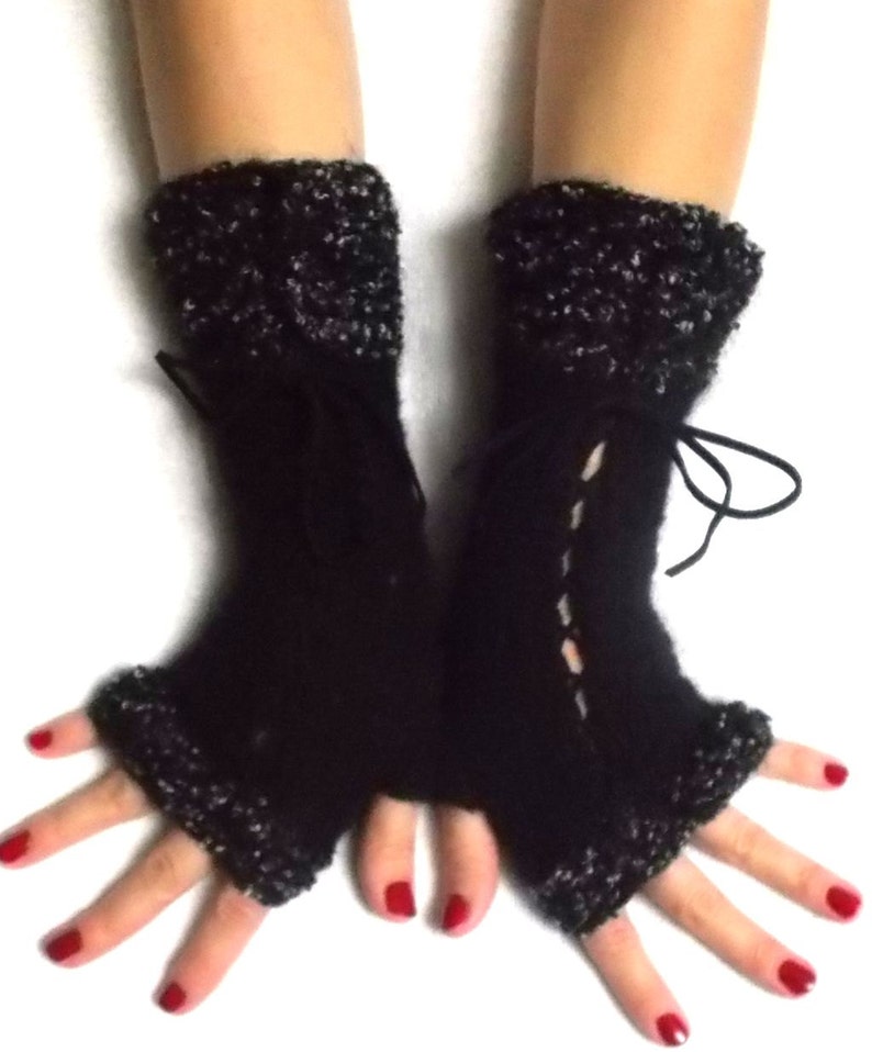 Black Fingerless Gloves Corset Wrist Warmers Hand Knitted Etsy