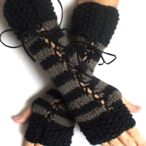 Fingerless Gloves Women Long Corset Wrist Warmers Black Taupe Brown with Suede Ribbons Victorian Style Hand Knit image 3