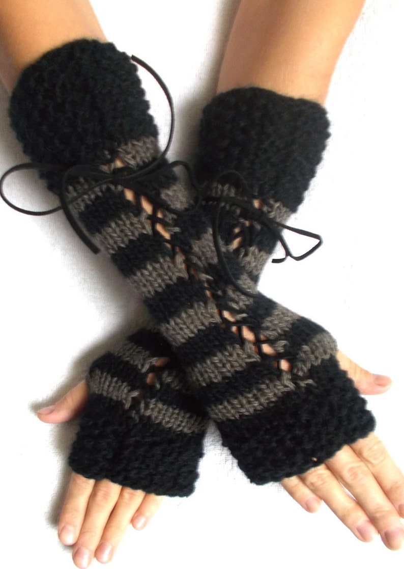 Fingerless Gloves Women Long Corset Wrist Warmers Black Taupe Brown with Suede Ribbons Victorian Style Hand Knit image 3