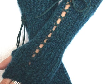 Teal Green Blue Corset  Gloves Long Handknitted  Fingerless Arm Warmers with Suede Ribbons Victorian Style