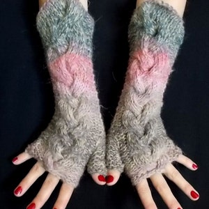 Fingerless Gloves Cabled Warm Arm Warmers Salmon Pink Light Brown Violet Grey Handknitted image 2