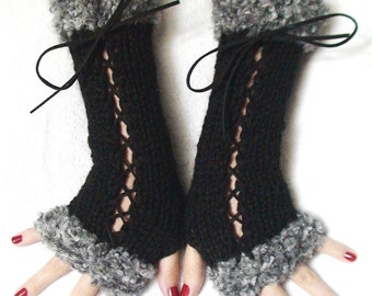 Fingerless Gloves Black Handknit Corset  Mitts with  Grey Boucle Edges Victorian Style