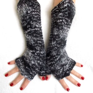 Hand Knit Fingerless Gloves Cabled Arm Warmers in Black White Grey Warm Women Winter Accessory image 1