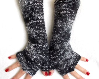 Hand Knit Fingerless Gloves Cabled  Arm Warmers in Black White Grey Warm Women Winter Accessory