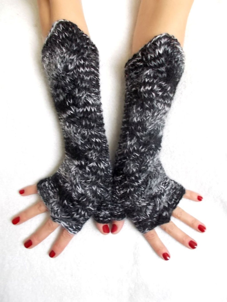 Hand Knit Fingerless Gloves Cabled Arm Warmers in Black White Grey Warm Women Winter Accessory image 1