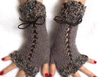 Knit Fingerless Gloves Wrist Warmers Taupe/ Greyish Brown Corset  with Suede Ribbons Victorian Style