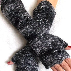 Hand Knit Fingerless Gloves Cabled Arm Warmers in Black White Grey Warm Women Winter Accessory image 2